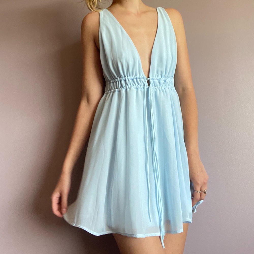 lucy in the sky baby blue mini dress